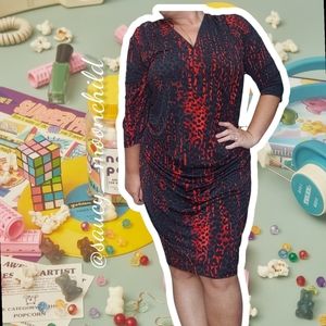 NEW Jennifer Lopez | Sexy Ruched Red Black 3/4 Sleeve Faux Wrap Holiday Dress 1X